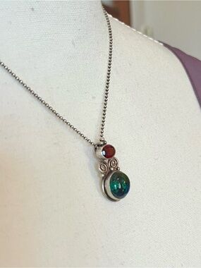Sterling Silver Garnet & Earth Reminiscent Blue-Green Agate Stone Pendant .925